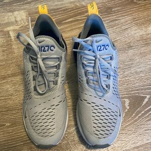 Grey, blue and yellow Nike Air Max 270s size 6 youth, but fit 7-7.5 in women’s.